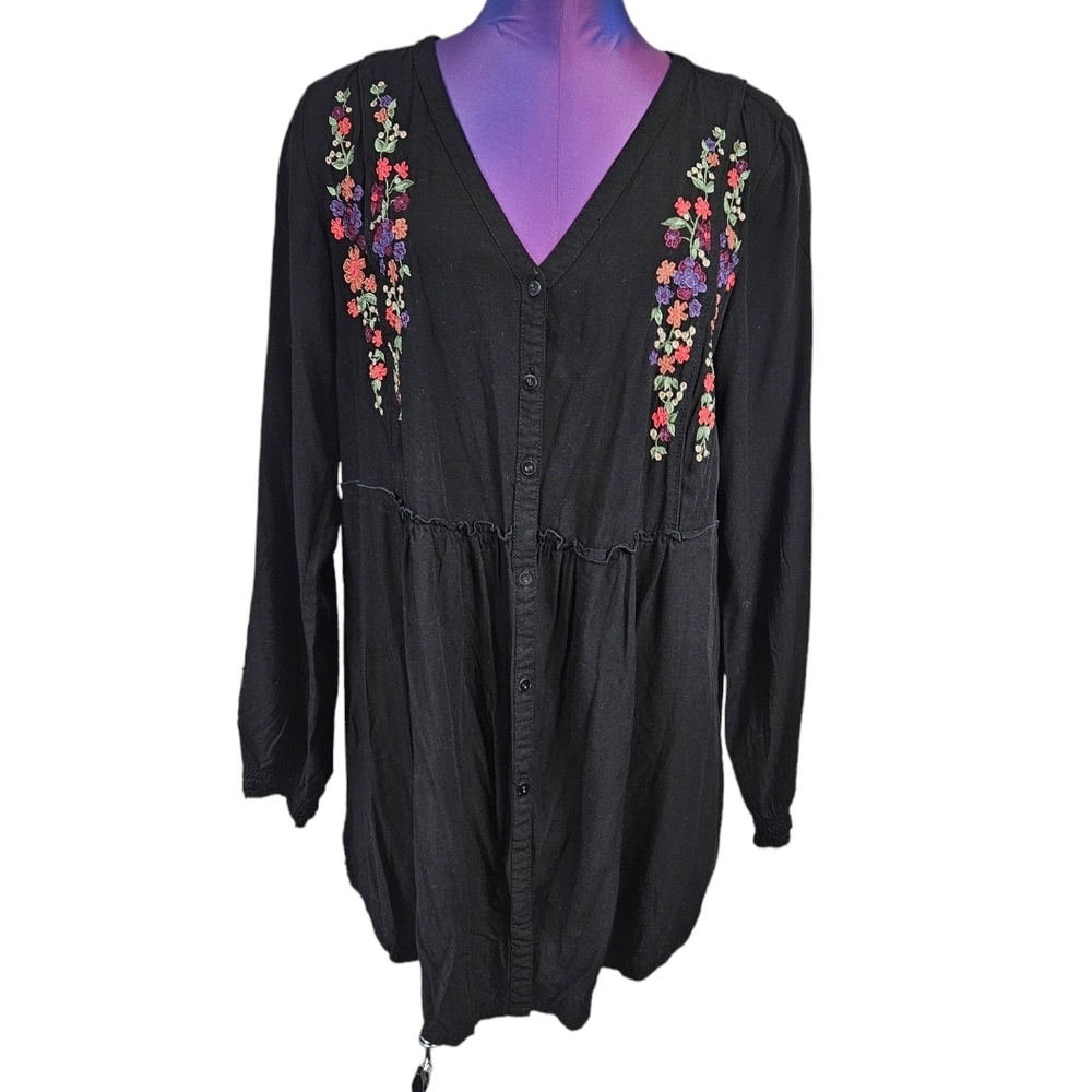 Fresco Nomadic Traders Black Floral Embroidered Peasant Top Size Large Women A98